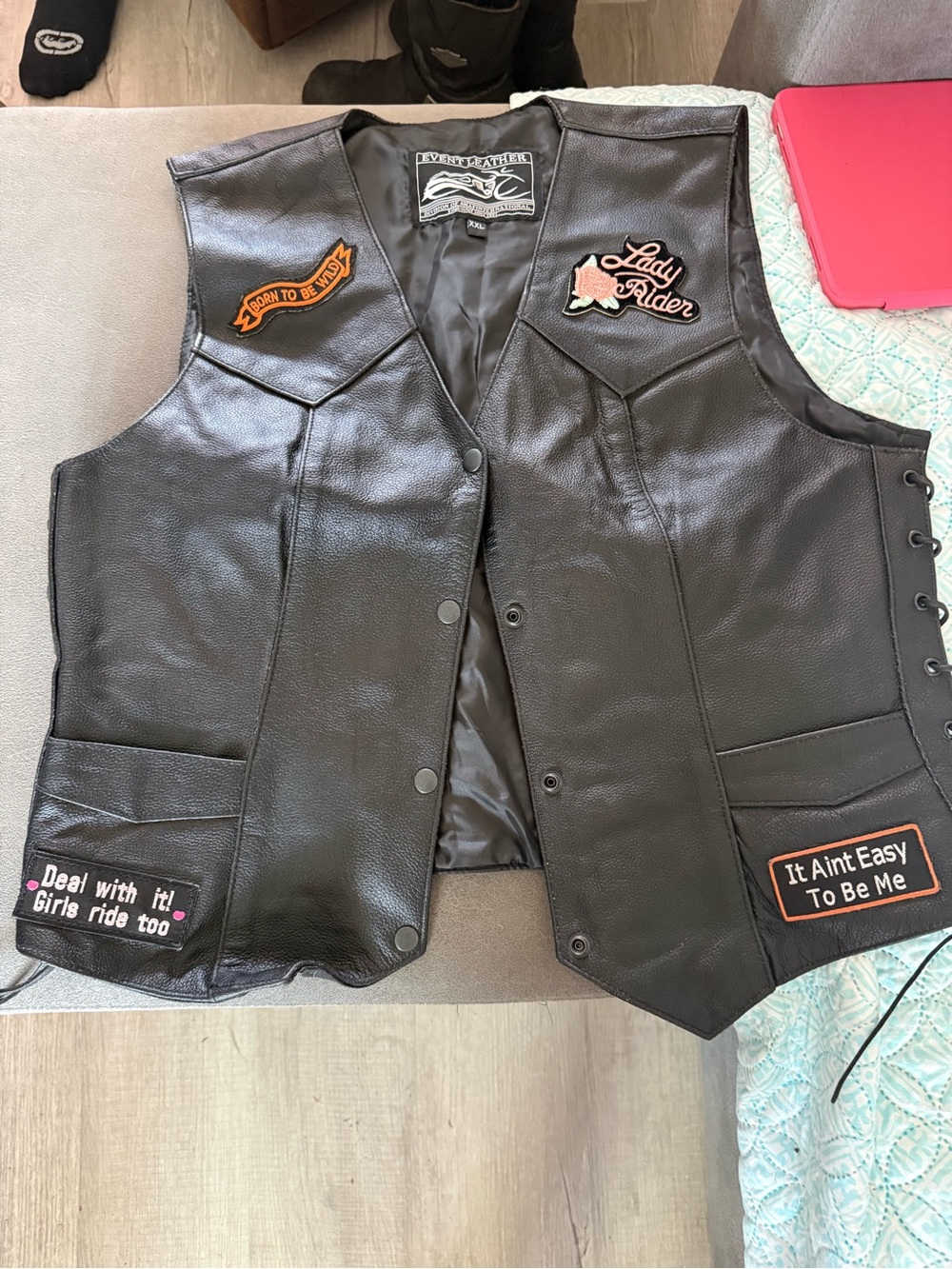 Black Leather Patch Vest - 'Lady Rider' Patches